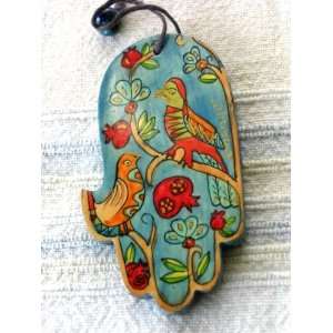 Small Hand Painted Wooden Wood Exotic Birds Hamsa From Yair Emanuel 