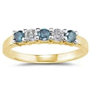  5 Stone Blue and White Diamond Ring in 14K Yellow Gold 