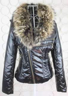   Womens Raccon Fur Collar Slope Zippers Jacket Coat 603 Black S/M/L/XL