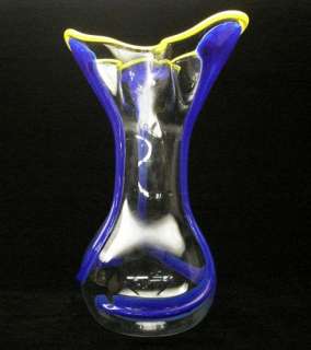 ART GLASS Hand Blown Yellow Blue and Clear Tall VASE  