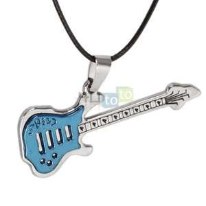   Stainless Steel Blue Guitar Pendant Black String Chain Necklace  