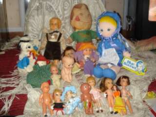 HUGE LOT OF VINTAGE DOLLS AS IS 18 CLOTH KEWPIE CELLULOID 60S AND 