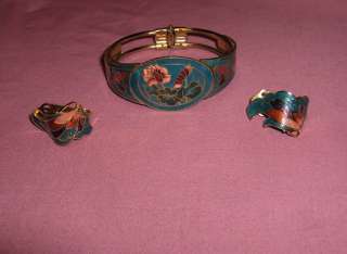 Vintage Cloisonné Cuff Bracelet Earrings Jewelry  