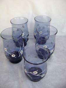 Vintage Libbey Cobalt Blue Glasses With Daisies, (5)  
