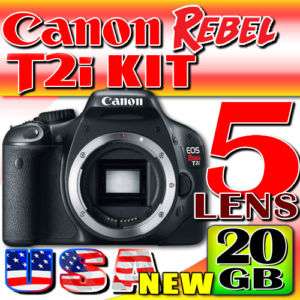 Canon EOS Rebel T2i SLR & 5 Lens 20GB Massive Kit USA  