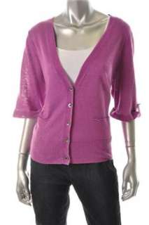 Eileen Fisher NEW V Neck Short Cardi Cardigan Purple Linen Contrast 