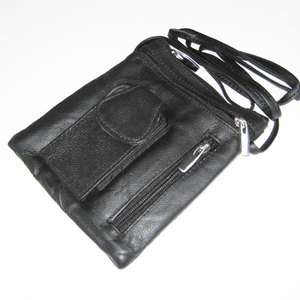 Black Cowhide Leather Passport Phone Sling Travel Messenger Handbag 