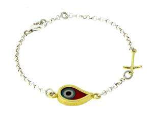 Red Tear Drop Evil Eye Cross Chain Silver Bracelet  