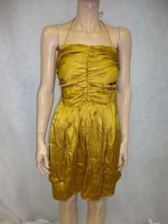 Tucker Bright Gold All Silk Ruched Crinkle Tie Neck Mini Dress P 
