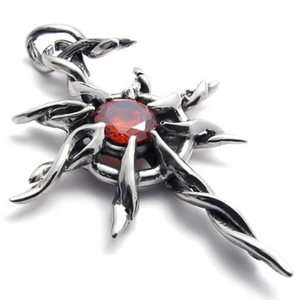 Mens Vintage Silver Red Tone Stainless Steel Sun Totem Pendant 
