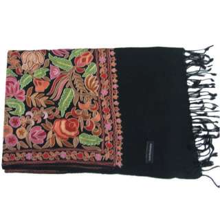 BLACK PURE WOOL STOLE KASHMIR CREWEL HEAVY EMBROIDERED  