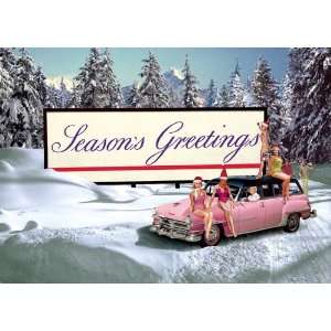 Seasons Greetings Mädchen und Auto. Weihnachtskarte  