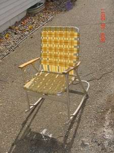 Vintage Aluminum Old School Webbed Rocking Lawn Chair WOOD ARMS 
