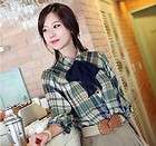 Women Ladies blouse Collar Casual grid long sleeve T shirt top + scarf 