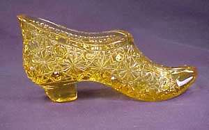 Amber Daisy & Button Pattern Glass Shoe Pat. Oct 19 /86  