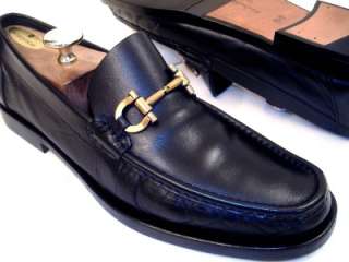   Ferragamo Mens Black Dress Shoes Gold Gancini Bit Loafers 9.5 D  