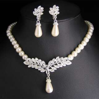 Wedding Bridal pearl &crystal necklace earring set S301  