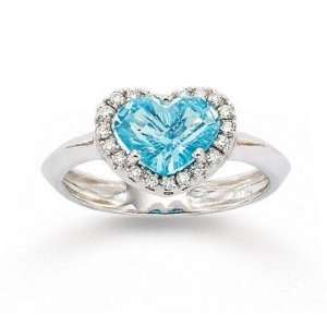  14k White Gold Heart Blue Topaz 0.10 Carat Diamond Ring Jewelry