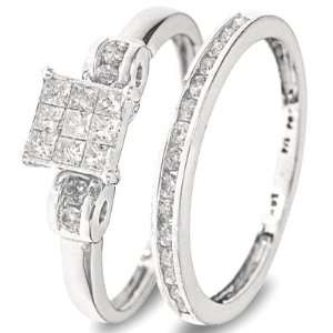  Wedding Band Set 14K White Gold   Two Rings Ladies Engagement Ring 