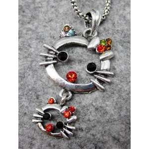   Acrylic Diamond Alloy Metal Two Cats Pendant Necklace 