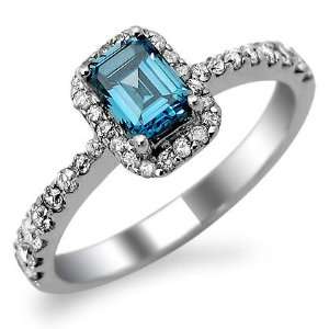 1.0ct Emerald Cut Blue Diamond Engagement Ring 14k White 