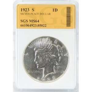  1923 S MS64 Silver Peace Dollar Graded by SGS Everything 