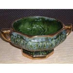   Green Folk Art Pedestal Bowl with 24 Karat Gold Trim 