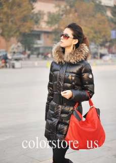 Women HOODED FUR 90% duck Winter Long Down Parka Glossy Black Thick 