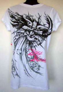 Metal Mulisha Pink Rose Wings White V Neck T Shirt M  
