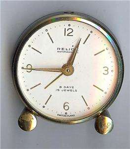   MINIATURE Swiss brass enamel RELIDE 8 day 15 jewel alarm clock
