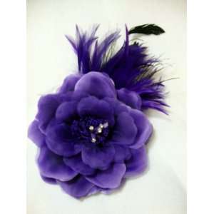  NEW Large Purple Flower with Feathers Clip and Pin 
