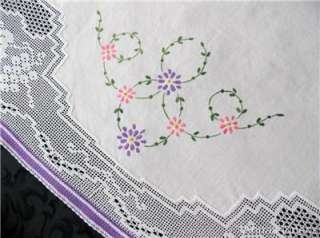 Antique Linen Tablecloth Filet Crochet Lace Hand Embroidered Flowers 