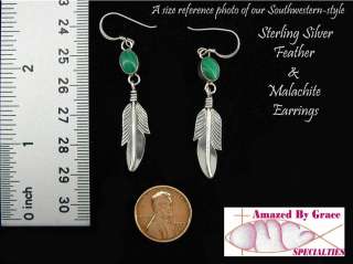 Vintage Southwestern Sterling Malacite Feather Earrings  