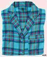 PLUS SIZE Aqua & Cobalt Blue Plaid Soft Woven Cotton Flannel Pajamas 