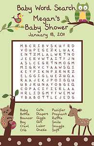   Enchanted Forest Baby Shower Word Search Game Cards   Deer, Owl  