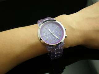 Women Men Purple Big Face Plastic Band Wrist Watch  