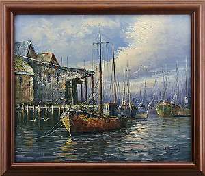 Fishing Boats Southern Dock Sea Art FRAMED OIL PAINTING  