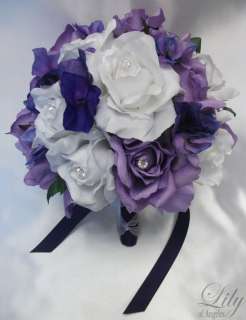 17pc Wedding Bridal Round Bouquet Flower PURPL LAVENDER  