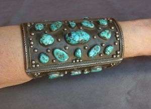 Vintage Turquoise & Sterling 1940s Bow Guard Bracelet  