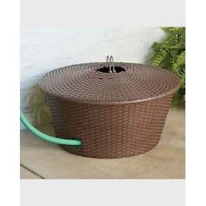  RESIN WICKER GARDEN HOSE BASKET ON STEEL FRAME WITH LID 