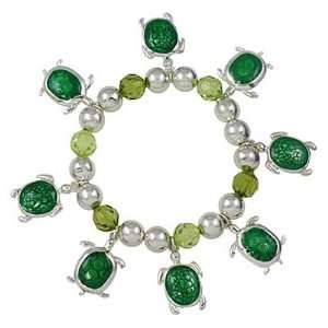   Silvertone Green Beaded Turtle Charm Stretch Bangle Bracelet Jewelry