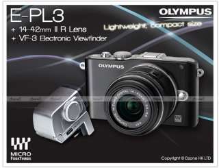 Olympus Pen Lite E PL3 Black 14 42mm II R Kit+Flash+VF 3 Viewfinder 