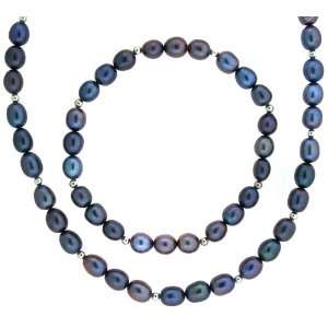 Pearl Freshwater Cultured Black Silver Beads Necklace Bracelet Set 8.5 