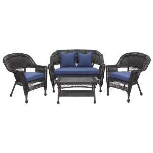  4pc Black Wicker Conversation Set   Blue Cushions Patio 