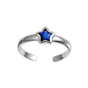   Silver Fashion Toe Ring   Star with Blue Sapphire CZ   2mm Band Width