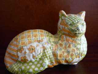 VINTAGE ALABASTER DECOUPAGE PATCHWORK CAT FIGURINE  