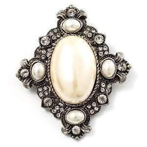  Vintage Oval Pearl Diamante Brooch (Antique Silver 