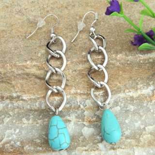 silver plated oval turquoise bead dangle earring chain  