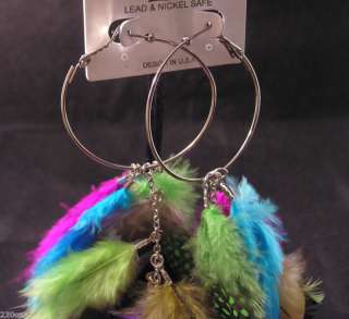 Ex Long Multi Color Feather & Chain Dangle Earrings  