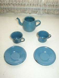 Vintage French Blue Enamelware 5 pc Childs Tea Set  